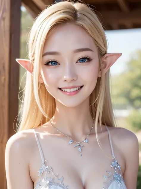 masterpiece, best quality, woman, elf, unicorn, ice texture, happy, smiling, wheatish skin, blonde