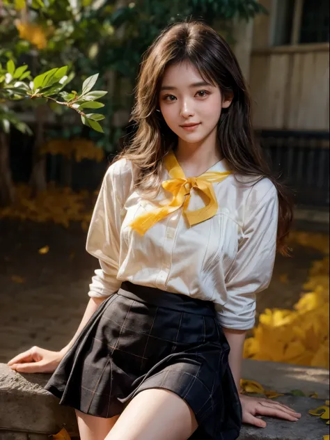 masterpiece、8K、32,000、top quality、(eye for detail)、(cute japanese girl、forehead)、 years old、1 woman、elegant、(Detailed background description、portlate:1.2)、(sailor shirt、plaid bustle skirt)、(yellow fallen leaves:1.1)、cowboy shot、smile、(reduction:1.7)、thighs...