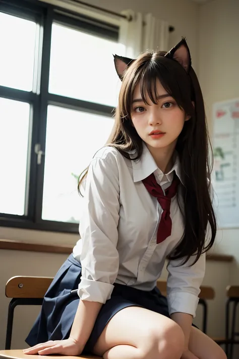 Masterpiece, bokeh, Beautiful Japanese idle, (school uniform:1.3), crouching in classroom, From below, Cat ears,