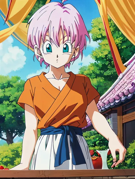 ((highest quality)), ((masterpiece)), (detailed), ((akira toriyama))、one girl, pink short hair、blue-green eyes