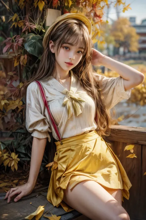 masterpiece、8K、32,000、top quality、(eye for detail)、(cute japanese girl、forehead)、 years old、1 woman、elegant、(Detailed background description、portlate:1.2)、(shoulder strap/mini skirt)、(yellow fallen leaves:1.3)、cowboy shot、smile