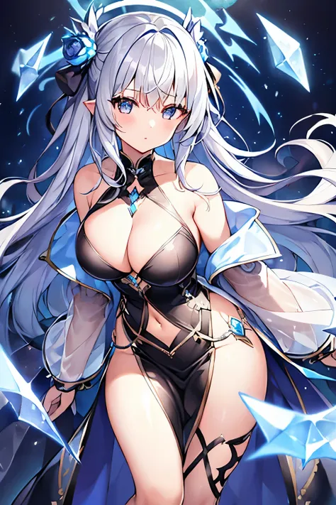 1 girl、Silver Hair、(See-through jacket)、Fantasy Clothing、(Big slit、mini skirt)、Blue and black decor、Bigger breasts、Chest open、Shoulder Bare、Upper body only、Ice crystals