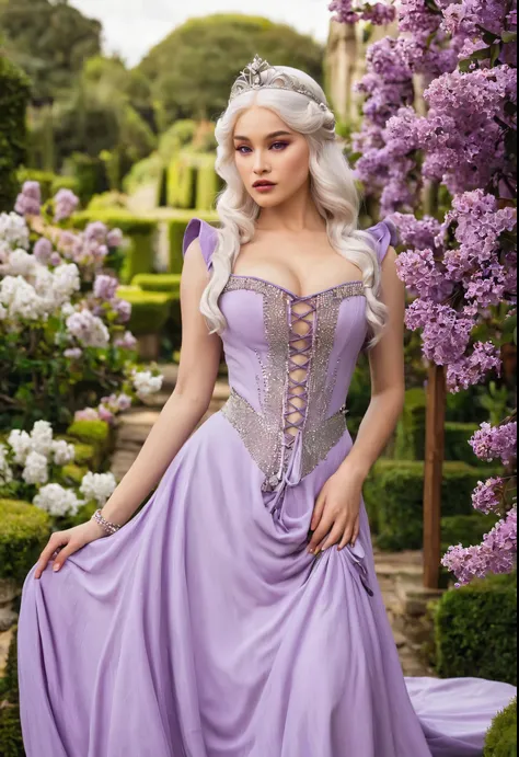 Princess Targaryen, gardens, looks like Jessie Mae Lee, graceful, with loose white hair, in a lilac dress of the 16th century, the fabric of which is studded with diamonds, expressive breasts, beautiful plum-colored eyes, delicate face, hd