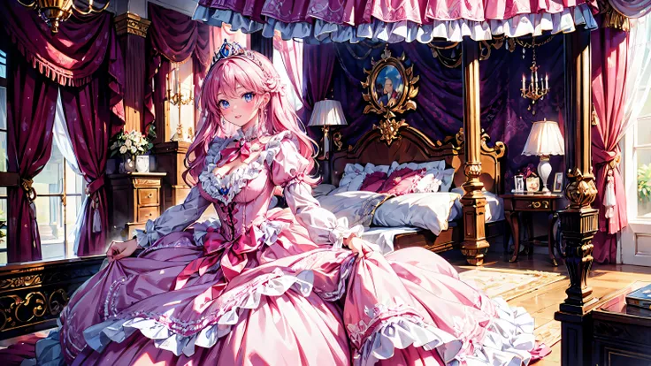 anime moe art style, (Masterpiece, ultra detailed, top quality), (((young face solo princess))), (dress hot pink dres), (((ultra gorgeous rococo victorian gown with volumious hoopskirt and long hems, princess style skirt))), ((huge breasts)), (hair pink ha...