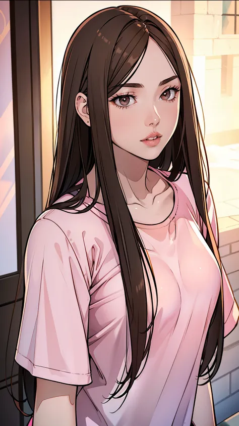 girl, long straight brown hair, brown eyes, sharp features, white skin, bright pink lips, perfect, t-shirt, jacket