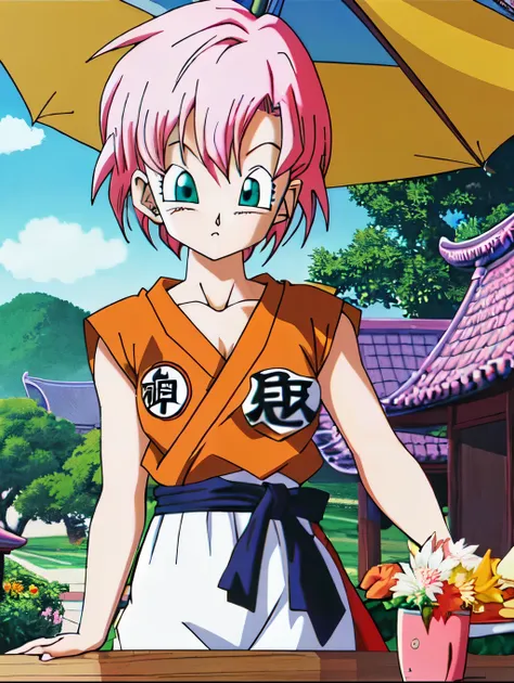 ((highest quality)), ((masterpiece)), (detailed), ((akira toriyama))、one girl, pink short hair、blue-green eyes