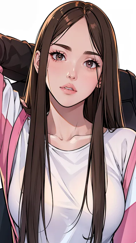 girl, long straight brown hair, brown eyes, sharp features, white skin, bright pink lips, perfect, t-shirt, jacket