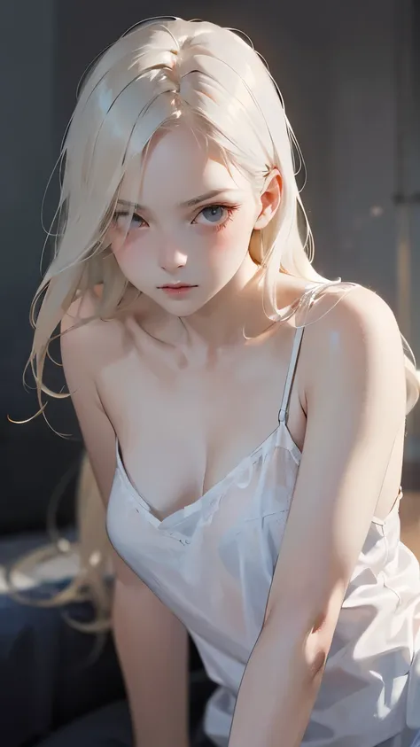 low leg、low rise、fearful expression、(((realistic images)))、translucent white skin、white camisole、((girl&#39;the upper body is vi...