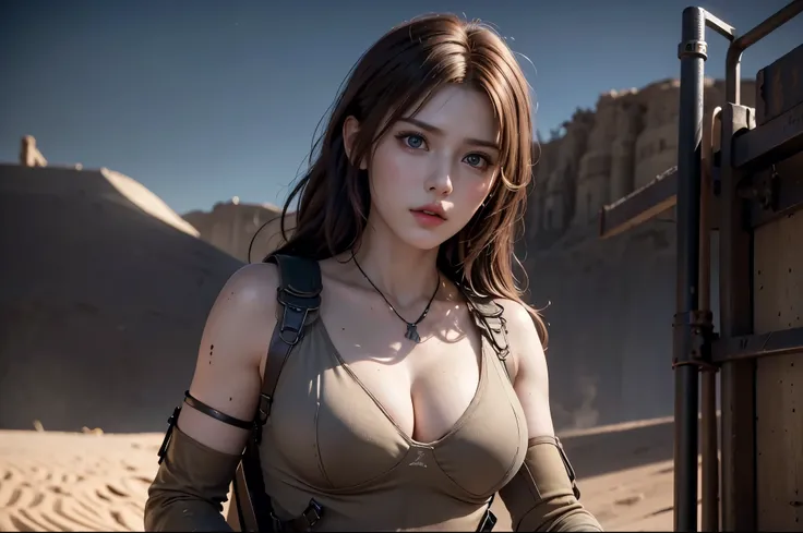 super fine illustration, ultra high resolution, masterpiece, highest quality, perfect lighting, detailed lighting, dramatic shadow, ray tracing, 1 Femail warrior, (((solo:1.5))), cute face, Big breasts, exposed cleavage, beautiful detailed hazel eyes, shar...