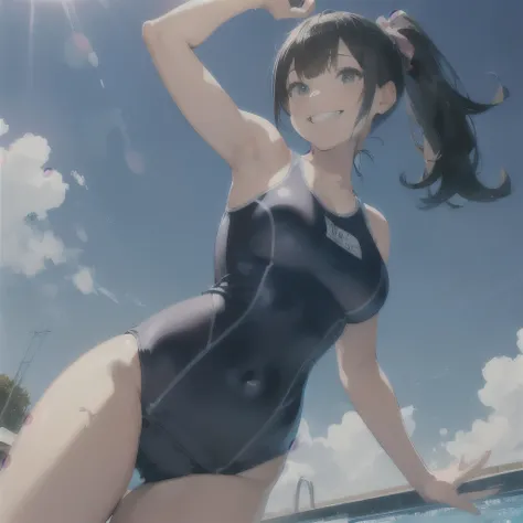 nsfw,Tabletop, Highest quality, Ultra-detailed illustrations，One Girl、alone，(Navy school swimsuit:1.2)，(Black hair color)，(ponytail)，(Big smile:1.5)，(tsurime)，(Please open your mouth wide)，(Cowboy Shot)，(Bright sky:1.3)，(Jumping)，(swimming pool:1.2)，(From ...