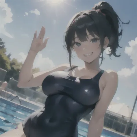 nsfw,Tabletop, Highest quality, Ultra-detailed illustrations，One Girl、alone，(Navy school swimsuit:1.2)，(Black hair color)，(ponytail)，(Big smile:1.5)，(tsurime)，(Please open your mouth wide)，(Cowboy Shot)，(Bright sky:1.3)，(Jumping)，(swimming pool:1.2)，(From ...