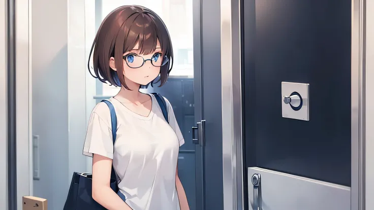 a girl of 18, with a surprised face, short brown hair, blue eyes, office glasses, She is wearing a white t-shirt and a short blue dress.. (SHE IS STANDING AT THE DOOR READY TO ENTER AN OFFICE)