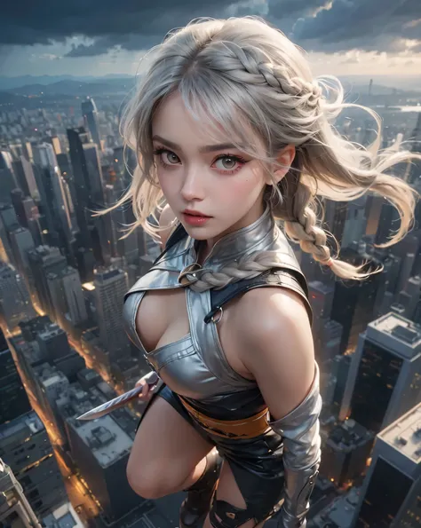 Highest Quality ,Girl jumping up and holding a Japanese sword, camera angle from directly above, looking up at the camera for a bit, with the cityscape in the background looking down at the city from above,Extreme high angle, looking at the camera, girl, s...