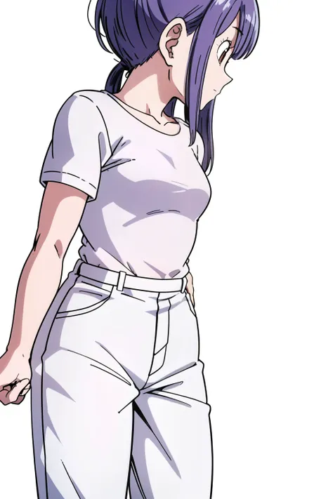 picture？聞こpictureない, Bloomers, Cell Saga, Semi-long hair, Purple Hair, Close-up, No bangs, Brown eyes, One girl, alone, Hands in the ears, Hands in the ears, walk, White shirt, White pants, Baggy pants, From the side, Look to the side, Wind, eyelash, From ...