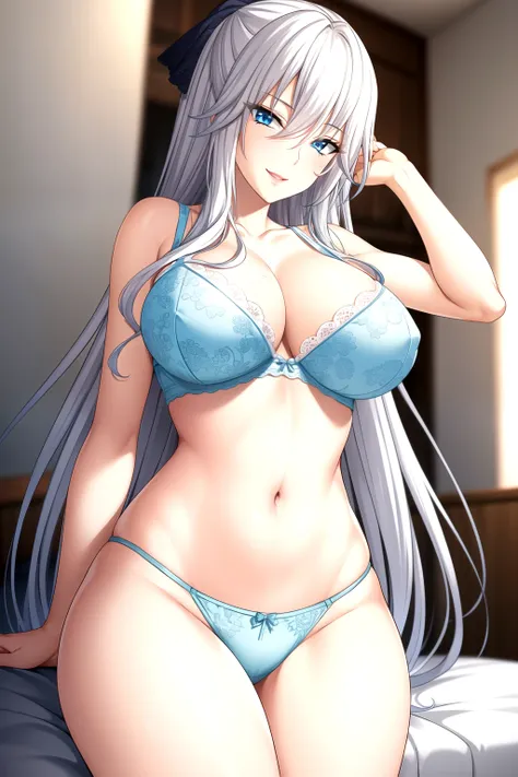 light滑的皮肤, light blue bra, light blue lace, light blue underwear,full body pictures, white hair,blue eye,long hair, 1 girl, 25 y...