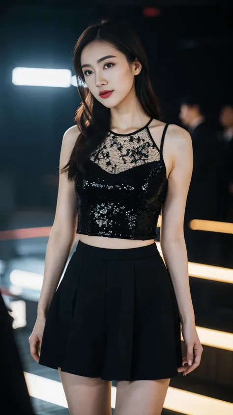 a Chinese woman with beautiful Delicate eyes, Beautiful and delicate lips, Extremely detailed face and skin, Pale skin, 23 years old, Wearing a dark lace top, black sequined skirt, skirt, high heels, medium long shot, dancing in the dance hall, beautiful l...