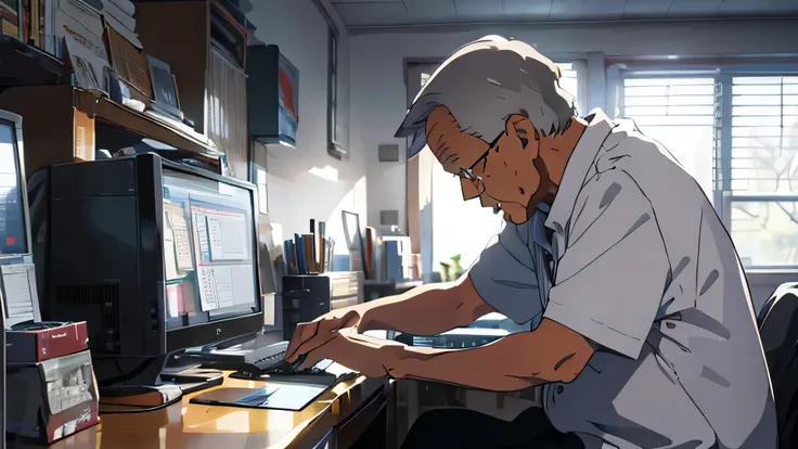 An elderly man、Silhouette of a man composing music alone while playing an electronic piano at a computer、Gray head