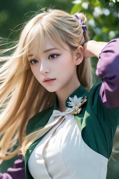 (Dynamic Angle:1.3),Extreme close up,the wind is strong,Movie highlights,1 person of woman of son,Upper Body,dancing,View your viewers, violet_evergarden, alone, jewelry, blank eye,brooch, bionde_hair,( vevry long hair:1.2),floating hairlong_sleeve, ribbon...