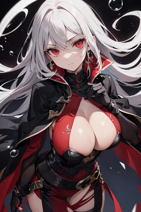 (Highly detailed:1.2), woman, smug, (red eyes:1.1), (glowing eyes:1.1), elegant, mesmerizing, edgBB, (stylish outfit:1.2), (black gloves:1.1), (belt), (coat), (torn clothes:1.1), capelet, gauntlets, (arms at side), vambraces, (round breasts), (bubble butt)...