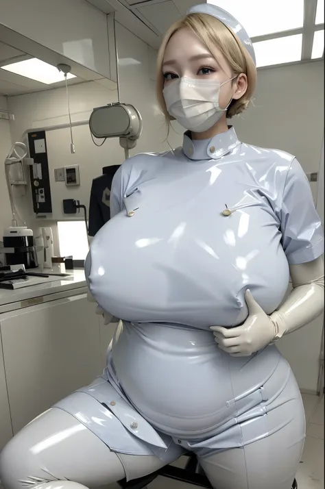 (masterpiece, Highest quality, 32K Wallpapers, Very detailed,portfolio),blonde、((Huge breasts:1.8,Plump body:1.4))、((Latex nurse uniform、Long latex gloves、Latex boots、Latex Mask)),Browsing Caution,Bondage,bondage:1.6,Luster of latex:2.0