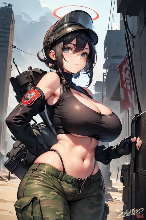 (Drawn by Shepard Fairey in cutesexyrobbuts style), (human), (front portrait), (hyper curved bimbo bombshell:1.2), (voluptuous thick:1.1), (wide broad hips:1.1), (sagging boobs), (curevs outline), (tight military tank top:1.2), (camouflage print:1.1), (exp...