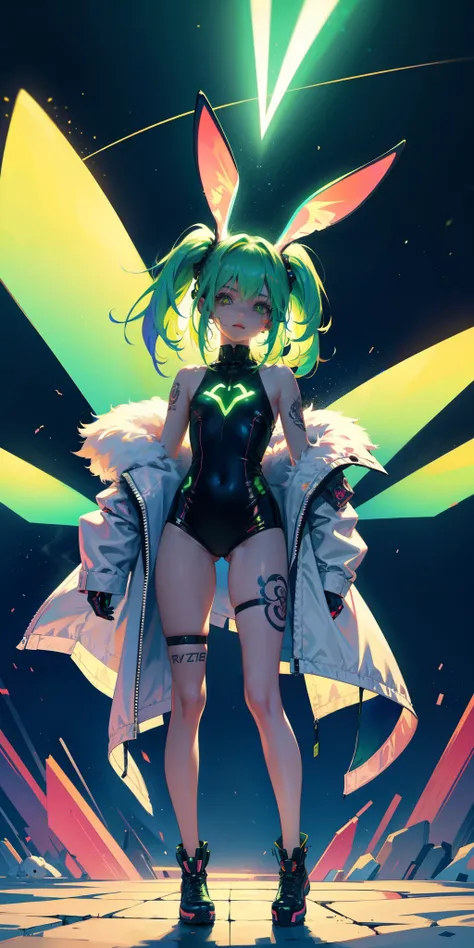 Rabbit technique , Science Fiction, Fluffy , 
1 girl, Tattoo, Glowing tattoo, Glowing eyes, Colorful glowing hair , Full body love, Green Hair,
  Kawaiitech, Soft colors, Kawaii, Lovely colors,