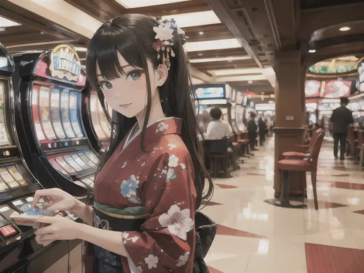 a kimono girl, Dice, casino, black hair, high resolution, (high quality)