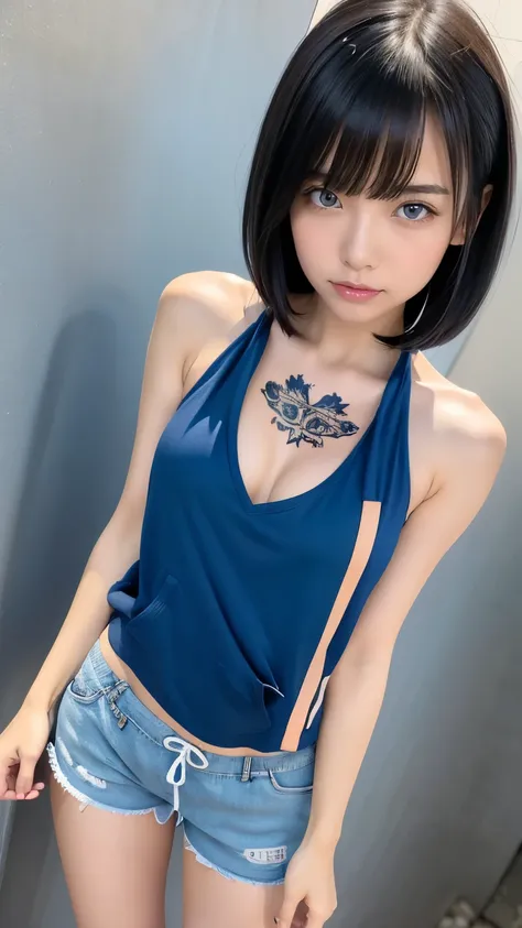 High resolution、1 female、girl、Black Hair、short hair、Slanted Eyes、blue eyes、thin、hoodie、fur、Tank top、Shorts、belly button、Tattoo stickers、Night view