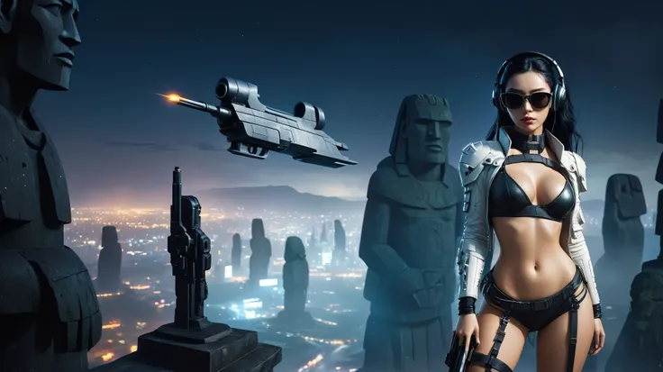 At night, dark sky, distant shot aerial view of fantasy cyberpunk style ((Moai-statue)) city, ((flying vehicle)). ((1girl, solo, alone)), medium-breast:1.1 slim body, cleavage, sexy clothes, (headphone, black sunglasses, long black realistic hair), (((hip-...