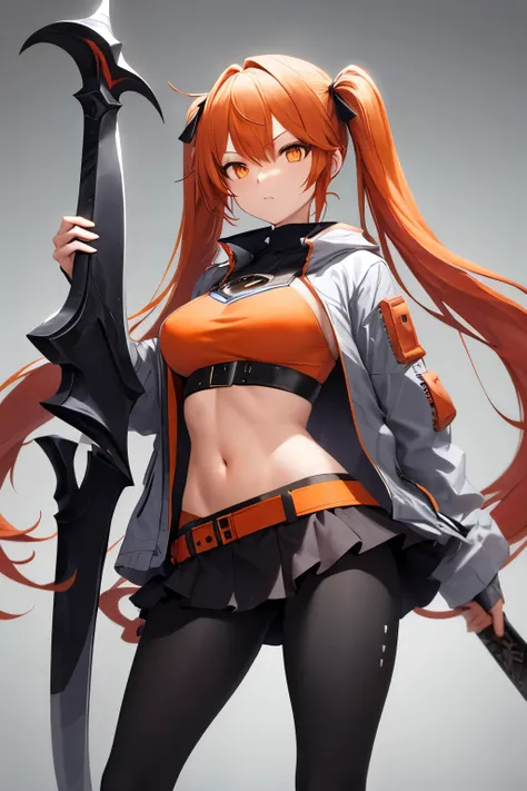 girl, standing pose, leaning against grey greatsword, twintail long hair, double layered skirt, open jacket, leggings, orange and grey clothes, orange hair, fantasy style clothing 