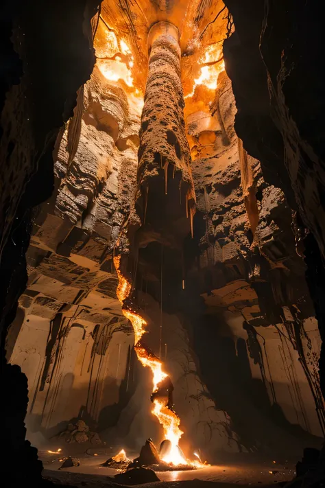 create an ultra realistic 16 format cave:9 with 4k resolution. The cave has fire and lava elements, with stalactites that reflect this photographic lighting, with a cinematic style filmed on a 35mm analog film camera