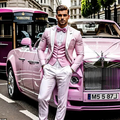 full view full body, the most beautiful white european muscular dapper guy posing in his pink Rolls Royce in London