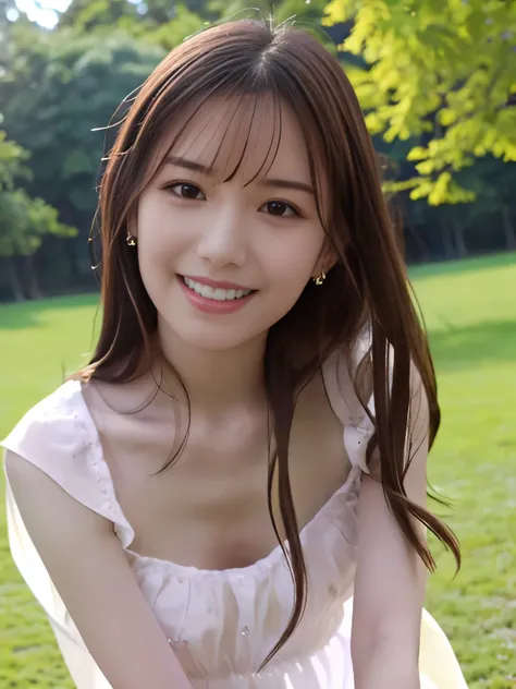 1woman, ((wearing an long dress)),30yo, smiling,smart shaped face, crystal clear white skin,((in park)),