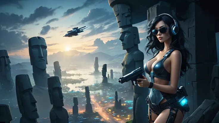 At night, dark sky, distant shot aerial view of fantasy cyberpunk style ((Moai-statue)) city, ((flying vehicle)). ((1girl, solo, alone)), medium-breast:1.1 slim body, cleavage, sexy clothes, (headphone, black sunglasses, long black realistic hair), (((hip-...