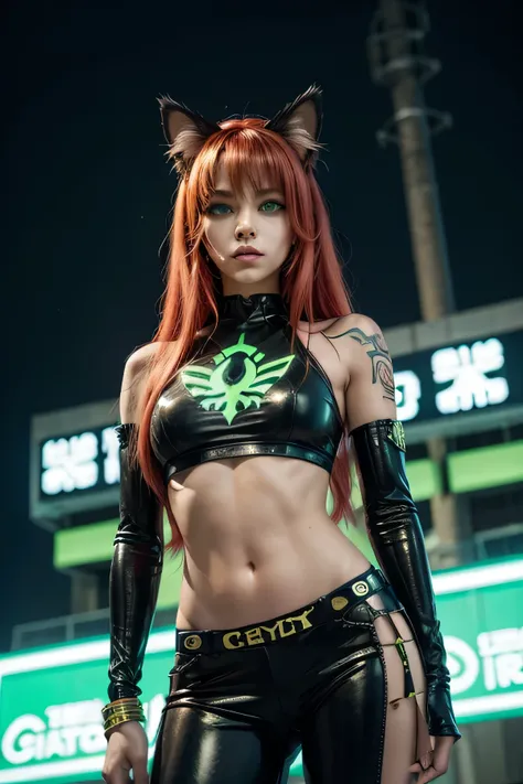 female character with cat ears, neon green cat eyes, long red hair, clothes with Egyptian details, lowered arms, Egyptian symbol tattoos