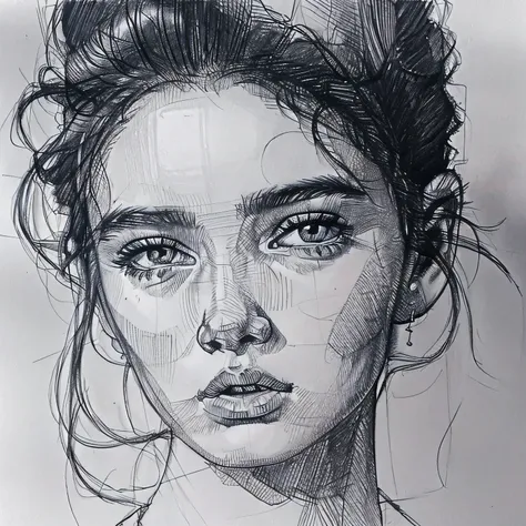 girl staring at the viewer, early teens, bust shot, rough ballpoint pen sketch drawn in hatching technique, centering, (white ba...