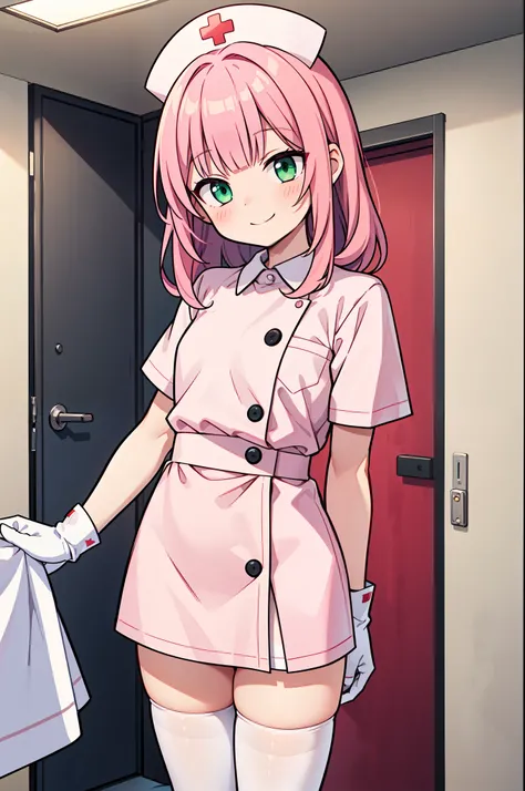 1boy, solo, male focus, nurse, white nurse cap, white nurse uniform, ((white legwear, zettai ryouiki)), white gloves, blunt bangs, pink hair, green eyes, drooping eyes, smile, standing, ((hospital room)), sharp outline, short sleeves, shota, 12 years old, ...