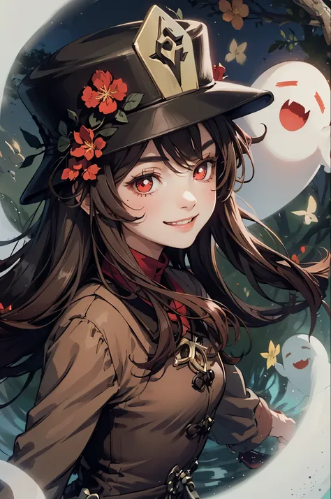 1 girl solo, brown jacket, long brown hair, red eyes, brown hat with red flowers, white ghost smiling, outside in a swampy forest at night, swamp lights, ghost figures around, blue lights flying in the air, will-o-the-wisp