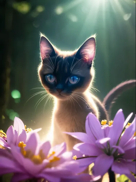 Close-up of Siamese cat in the enchanted forest, natta, glowworm, Volumetric haze, Halo, florals, Dramatic atmosphere, concentrating, the rule of thirds, 200mm macro emission 1.4 tons