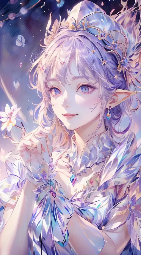 tmasterpiece，Highest high resolution，((((Bow your head and smile))))，Dynamic avatar of a beautiful aristocratic elf girl, Light Purple hair is gracefully curled，（((Wearing a crown of huge flowers、Bucket Hat，jewelry，Diamond necklace)))，Purple clear eyes，(((...