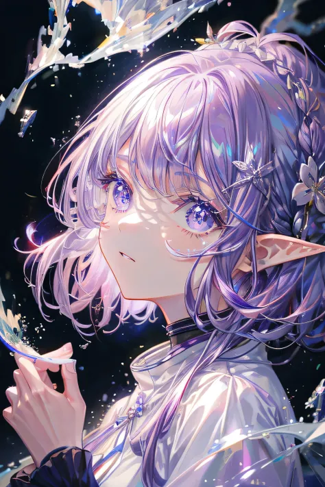 (masterpiece、8K、highest quality)、(soft light:1.3), detailed face, fine eyes,spring、(SupportHair)、light purple hair、multi color hair、bright purple eyes、elf girl、 Sakura Snowstorm