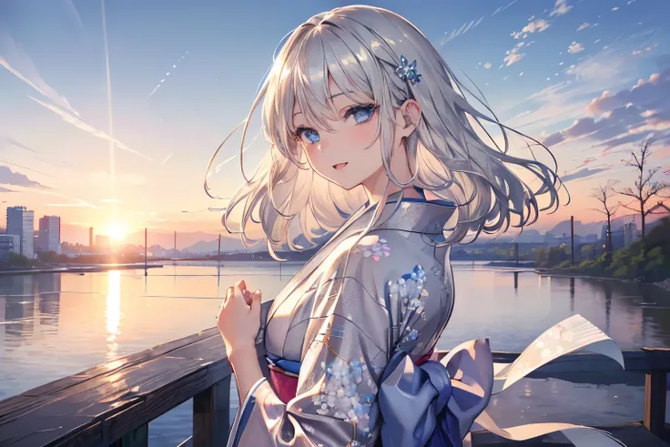 (Best quality,4K,8K,High resolution,Masterpiece:1.2),Super detailed,(Actual, Realistic),
break,
((Beautiful clear blue eyes:1.2)),very kind eyes,
break,
((Beautiful and shiny silver hair:1.3)),cute smile,open your mouth,
break,
(floral patterned kimono:1.3...