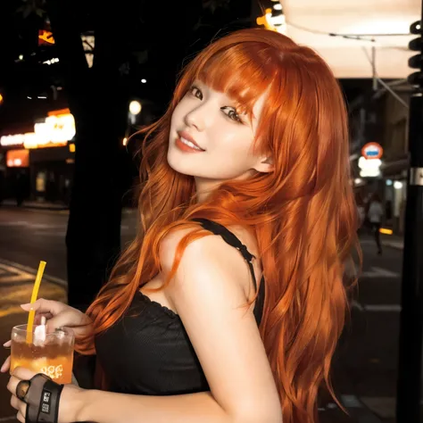 arafed woman With red hair and a drink on a city street, she has long orange hair, She has long orange-brown hair., with long red hair, korean girl, long hair with full bangs, very Long orange hair, With red hair, Long orange hair, korean woman, bright ora...