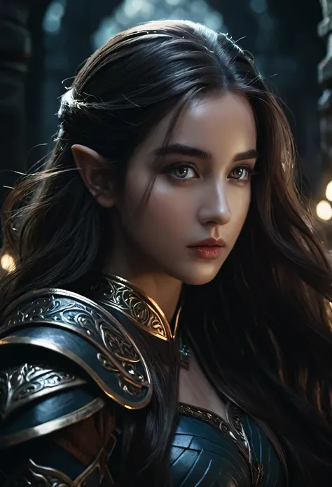 A beautiful elf adventurer exploring the dark labyrinth alone, elegant elf girl, detailed face and eyes, long flowing hair, detailed ornate fantasy armor, detailed weapons, dramatic lighting, dark moody atmosphere, cinematic composition, dramatic shadows, ...