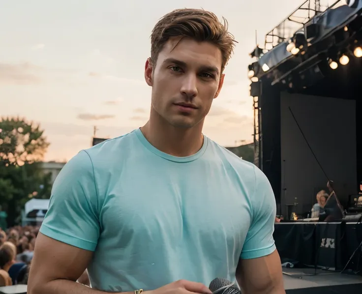 ((Handsome 35 year old caucasian male with desireable features standing on an outdoor concert stage, holding a microphone)), BREAK, (medium length light brown hair, cropped sides, clean shaven face, no facial hair, intriguing green eyes), BREAK, royal blue...