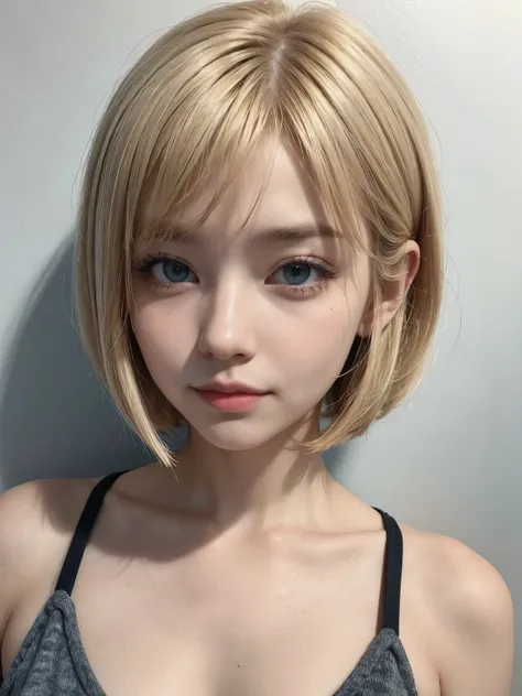 A girl with short straight cut bob blonde hair