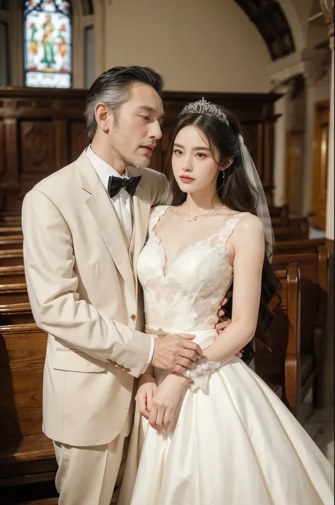 (((best quality))),(((ultra detailed))),(((masterpiece))),illustration,(((1old man and 1girl))), elderly bridegroom, beautiful young bride, white wedding gown, church, majestic altar, rows of wooden pews, traditional tuxedo, white shirt, tailored suit jack...