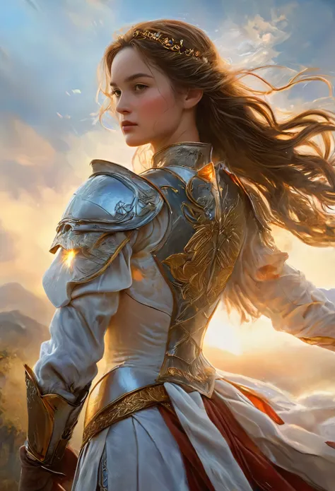 (best quality, 4k, 8k, highres, masterpiece:1.2), ultra-detailed, (realistic, photo realistic,photo-realistic:1.37), 
16yo Joan of Arc stands in a serene moment of contemplation, her delicate features framed by the soft, golden light of dawn. Her face is y...