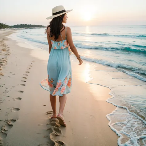 ((best quality)), ((masterpiece)), (detailed), sun-kissed scene of a woman with wavy dark hair, flawed skin and slender body type, in a pastel blue floral sundress, accessorized with a wide-brimmed white hat and coral sandals, strolling along a sandy beach...