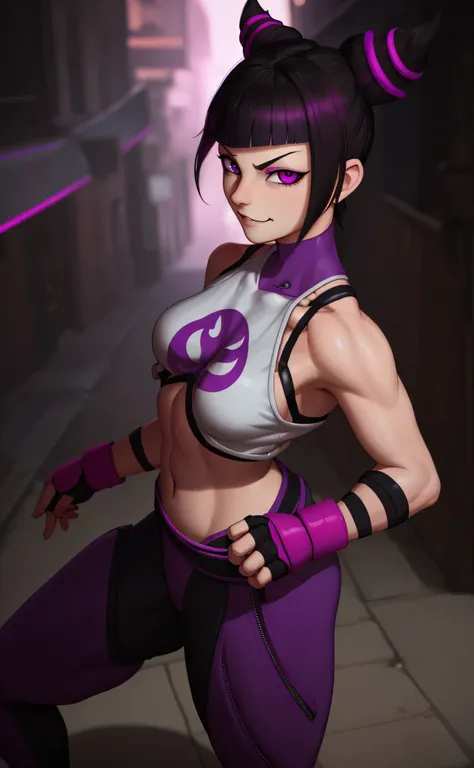 [juri], [battle outfit 1], [street fighter 5], ((masterpiece)), ((HD)), ((high res)), ((solo portrait)), ((waist up)), ((front view)), ((cartoon aethsthetic)), ((detailed shading)), ((cinematic lighting)), {(beautiful woman), (short black hair), (two-toned...